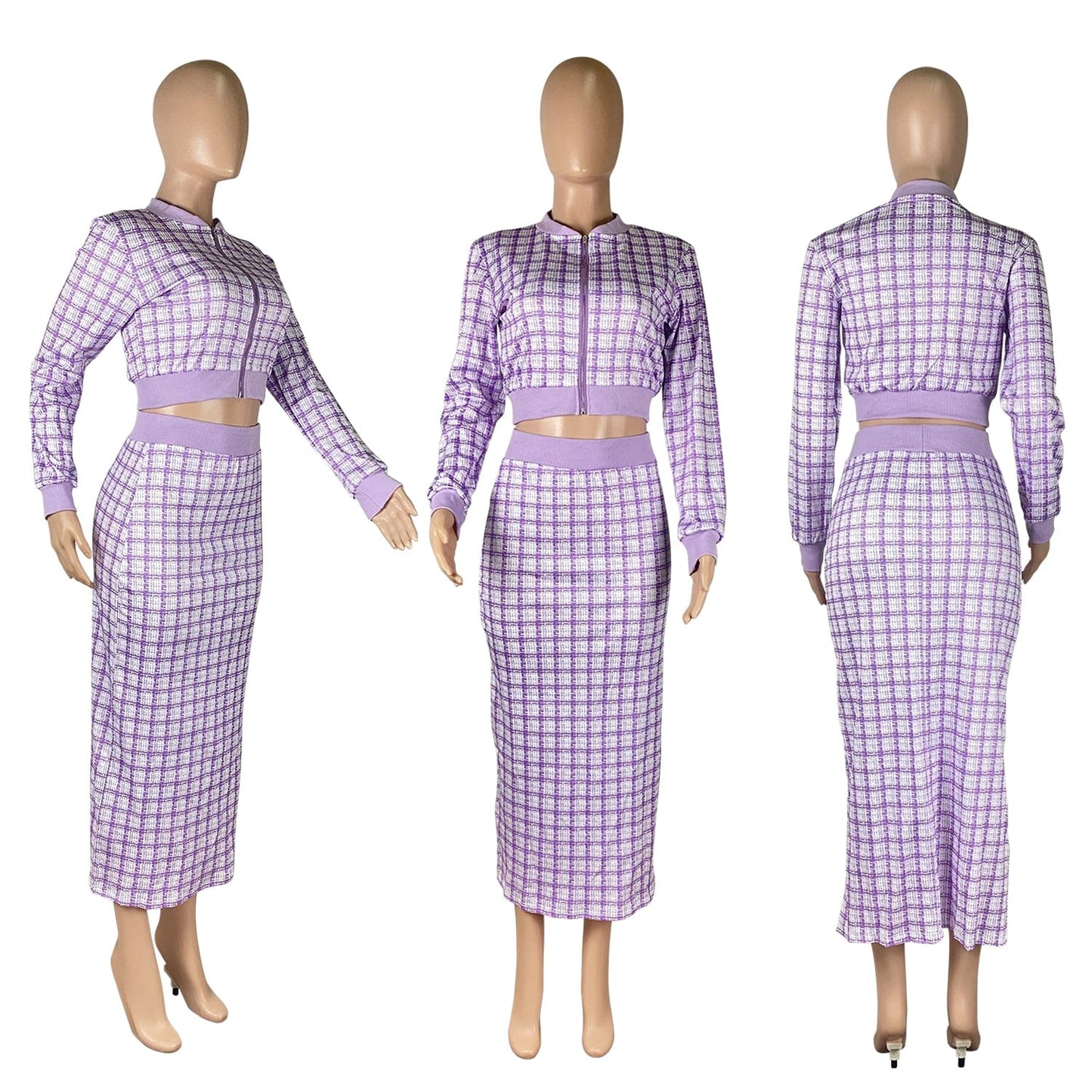 Fall Sets 2022 Printed Threaded Plaid 2 Two Piece Set Women Long Sleeve Jackets Bodycon Mid Skirts Suit