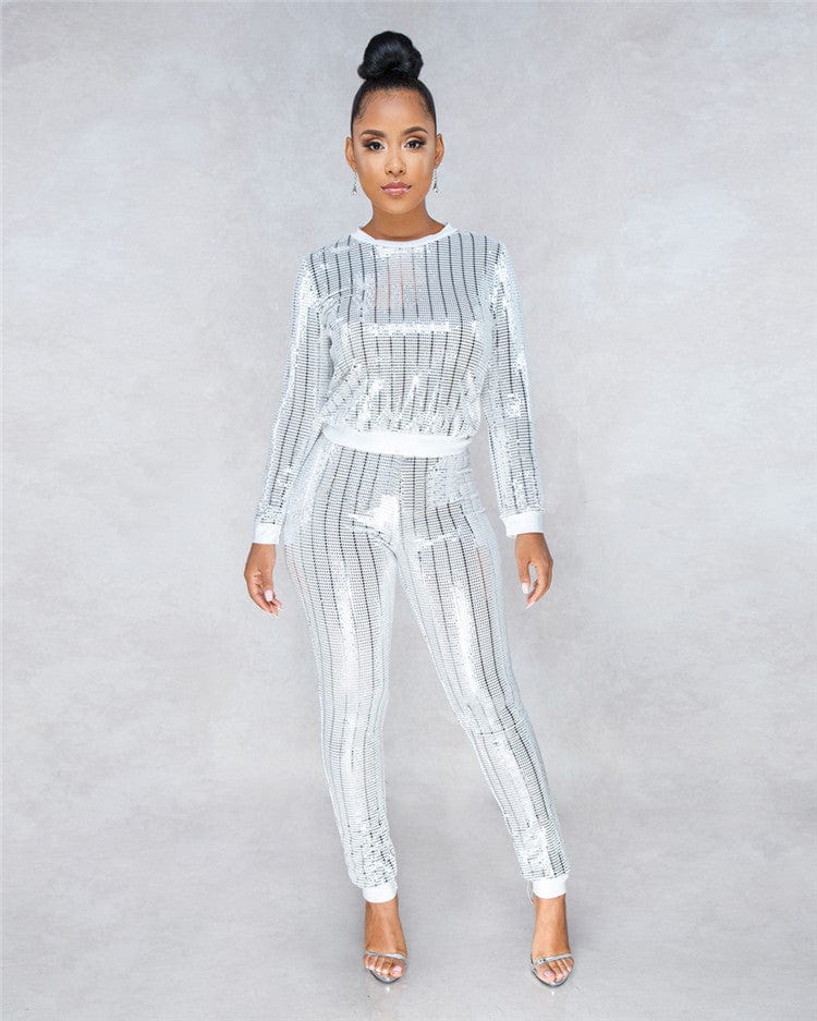 Fall Spring 2023 Womens Clothing Fashion Sequin Two Piece Set Women Tracksuit Sexy Full Sleeve O-neck Top Long Pants Suit