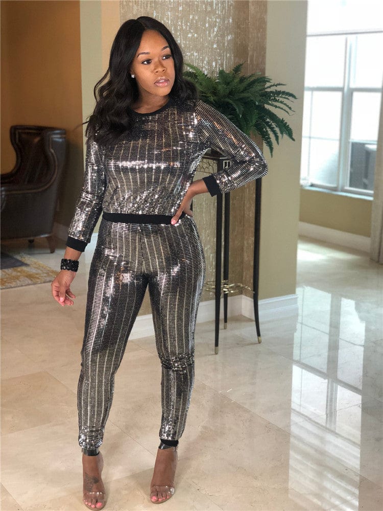 Fall Spring 2023 Womens Clothing Fashion Sequin Two Piece Set Women Tracksuit Sexy Full Sleeve O-neck Top Long Pants Suit