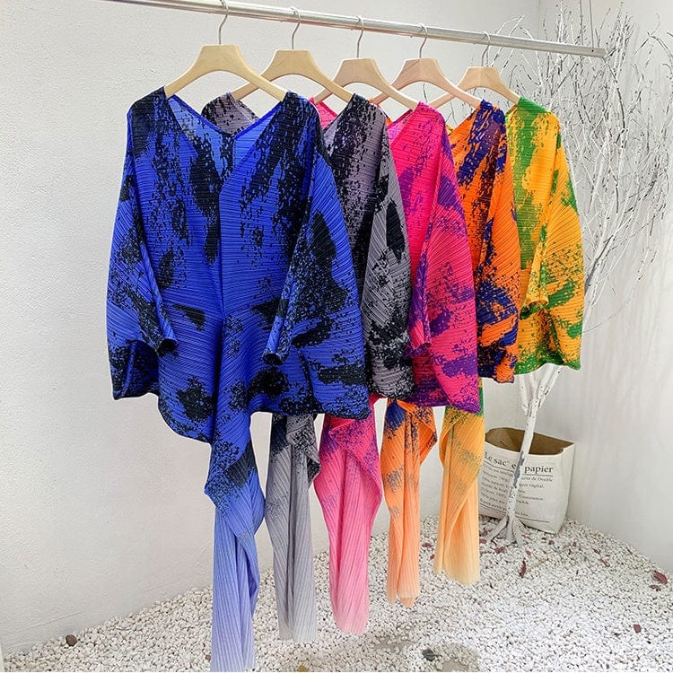 Fall street wear kimono sleeve tie dye printed ladies casual dress fashion pleated elegant V neck long maxi women's dresses