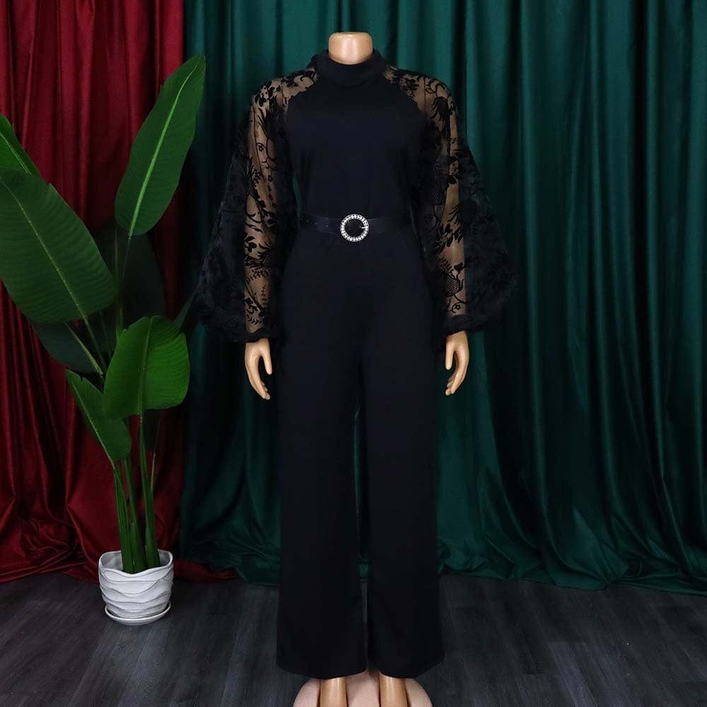 Fall Trendy Floral See Trought Waist Belt Bow Women Factory Jumpsuits