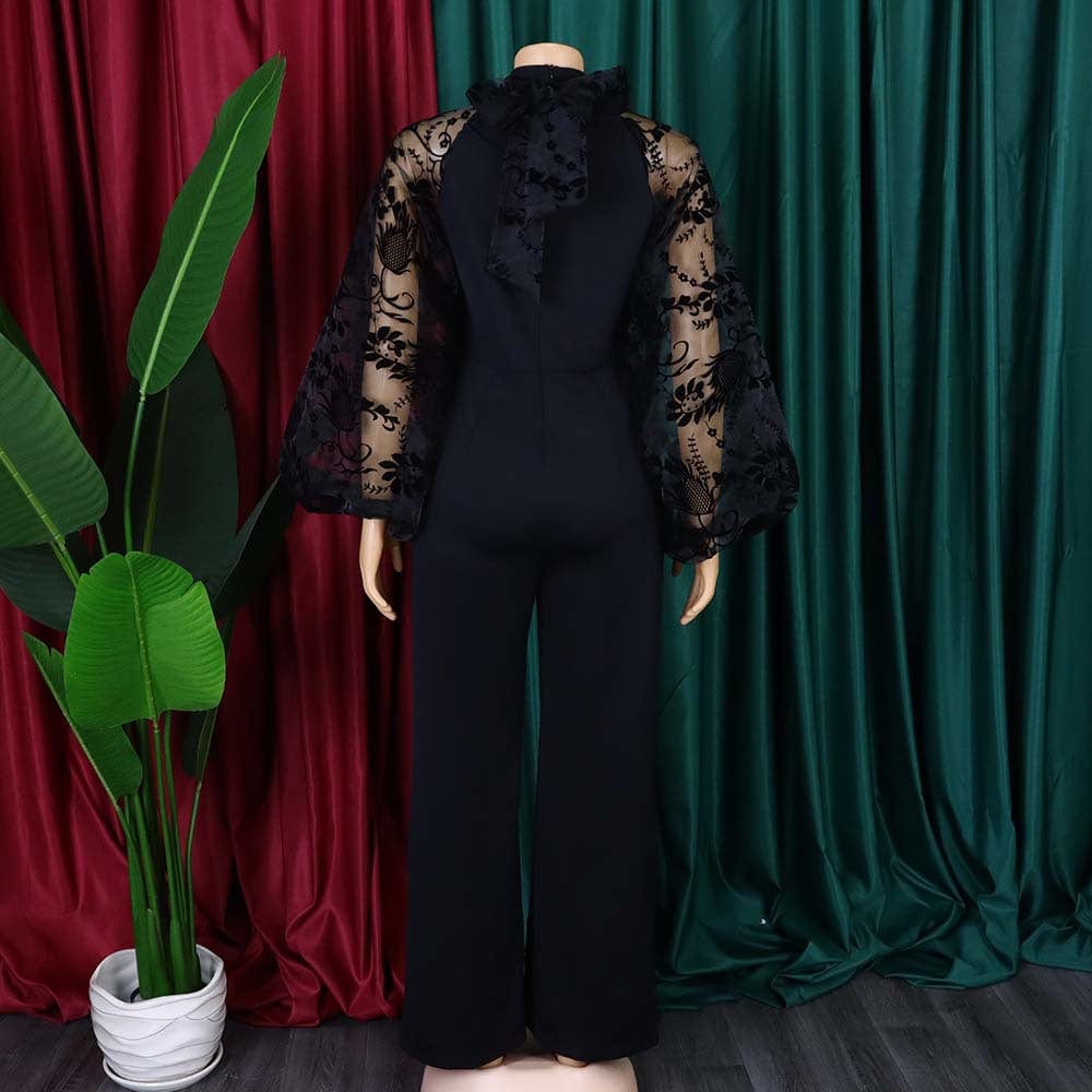 Fall Trendy Floral See Trought Waist Belt Bow Women Factory Jumpsuits