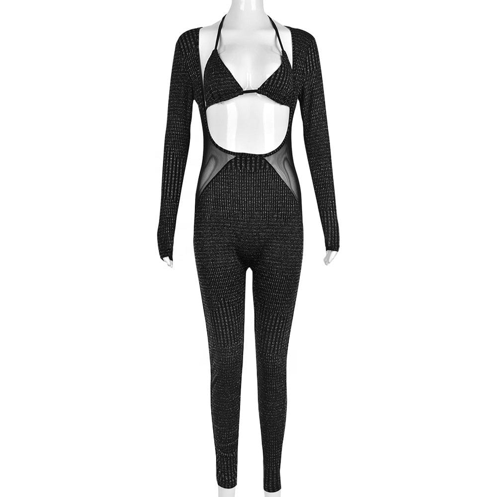 Fall winter club wear patchwork long sleeve hollow out sexy bodycon jumpsuit with bra top 2 piece set women jumpsuits