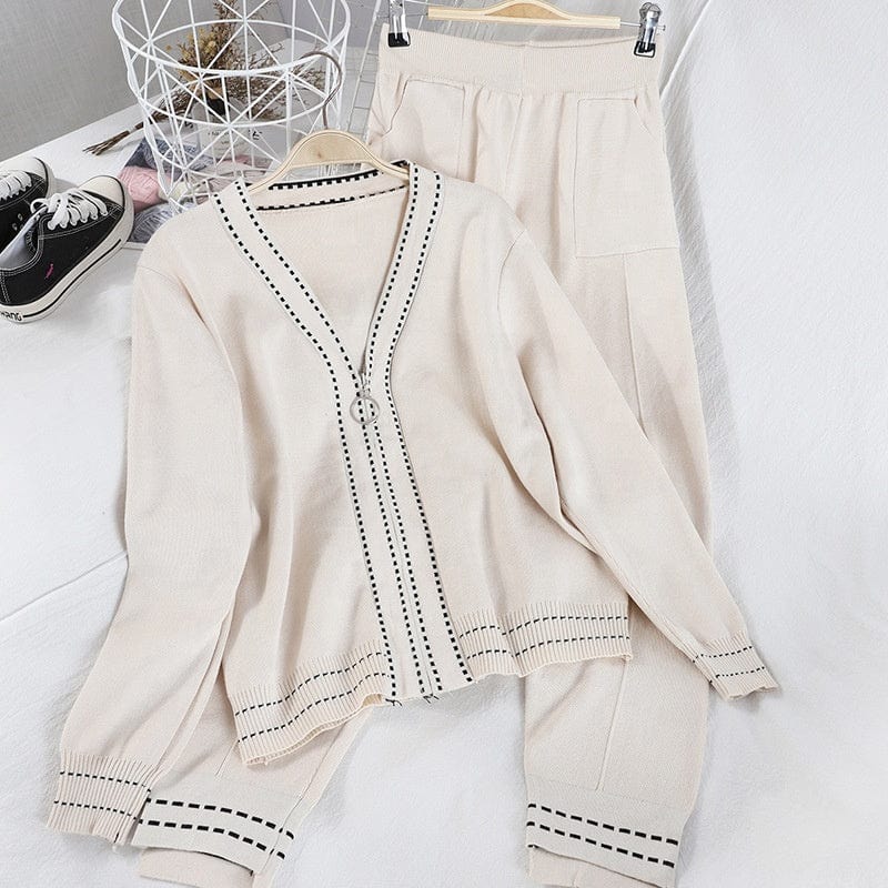 Fall winter ladies causal knitwear zipper cardigan sweater set for women 2 two piece knit pant matching set plain women's sets