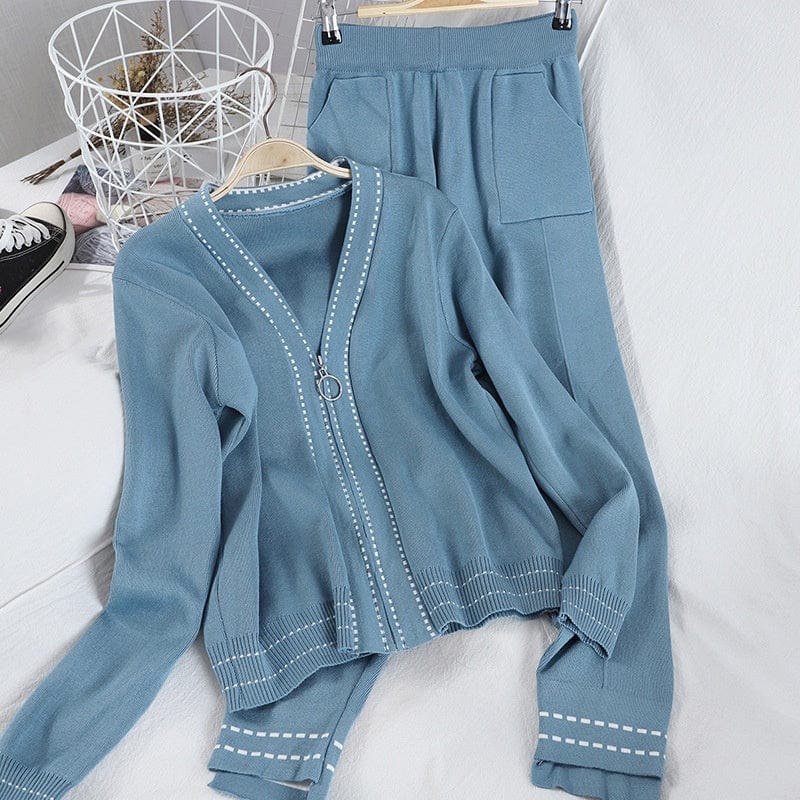 Fall winter ladies causal knitwear zipper cardigan sweater set for women 2 two piece knit pant matching set plain women's sets