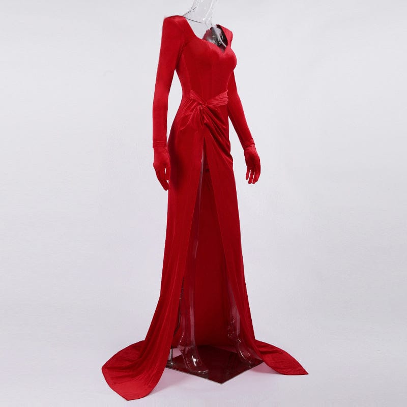 Fall Winter Women'S Velvet Long Prom Dresses  Evening Gowns Sexy Elegant Women Split Velvet Red Dress Party Evening Dresses