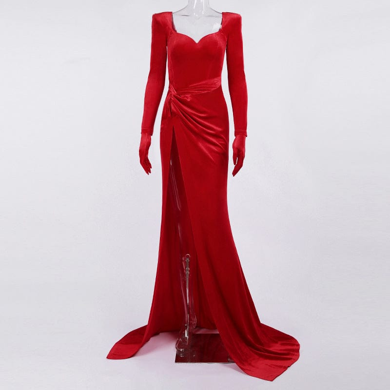 Fall Winter Women'S Velvet Long Prom Dresses  Evening Gowns Sexy Elegant Women Split Velvet Red Dress Party Evening Dresses