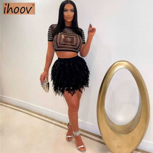 fall women club wear 2022 mesh sexy two piece rhinestone crop top feather skirts set