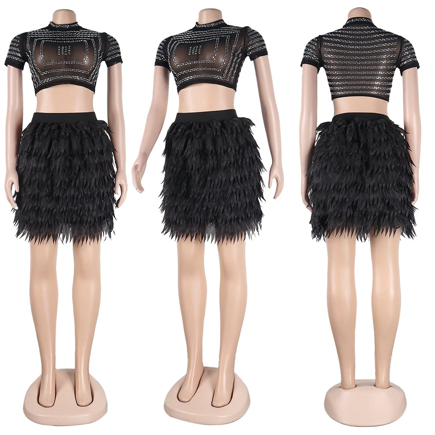 fall women club wear 2022 mesh sexy two piece rhinestone crop top feather skirts set