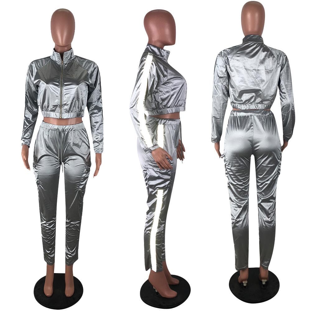 fall women jogging suits custom 2022 satin 2 piece reflective tracksuit set women