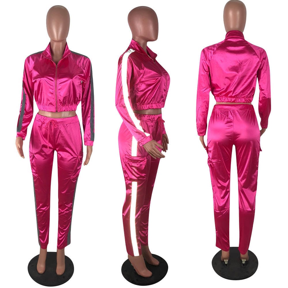 fall women jogging suits custom 2022 satin 2 piece reflective tracksuit set women