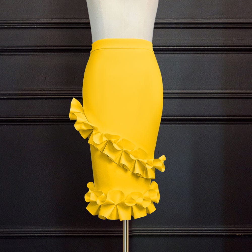 Fall Yellow Elegant High Waist Ruffles Elastic Pencil Women Office Skirts