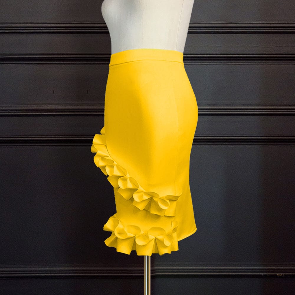 Fall Yellow Elegant High Waist Ruffles Elastic Pencil Women Office Skirts