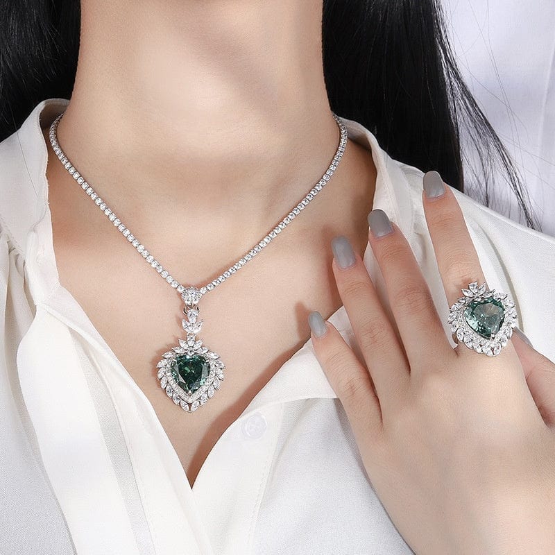 Fancy Radiant Cut Heart Jewelry Set Luxury 100% S925 Sterling Silver Mint Green CZ Ring Necklace Wedding Jewelry Sets