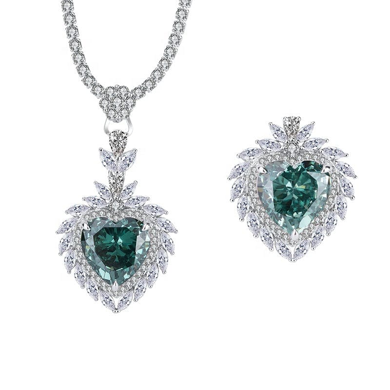 Fancy Radiant Cut Heart Jewelry Set Luxury 100% S925 Sterling Silver Mint Green CZ Ring Necklace Wedding Jewelry Sets