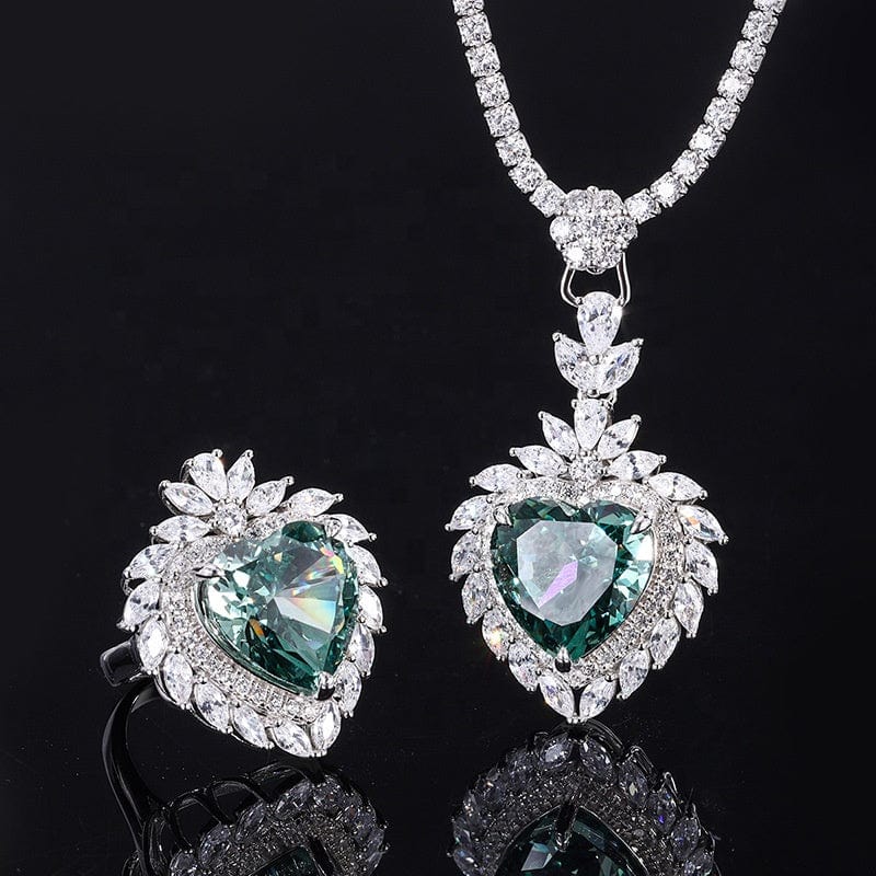 Fancy Radiant Cut Heart Jewelry Set Luxury 100% S925 Sterling Silver Mint Green CZ Ring Necklace Wedding Jewelry Sets