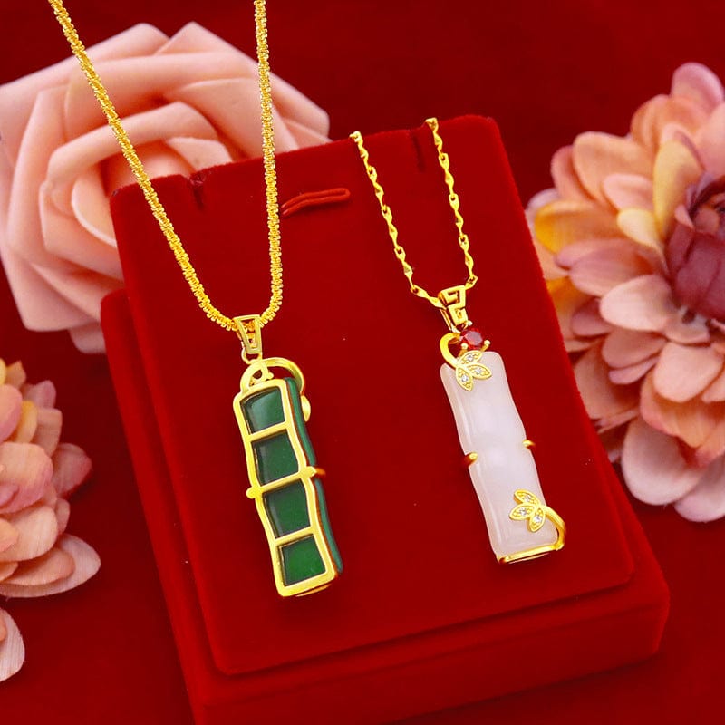 Fashion 14k Gold Necklace Pendant Gemstone Jewelry Green Stone Emerald Jade Gift Bamboo Alloy Plant Punk Women's Birthday Female