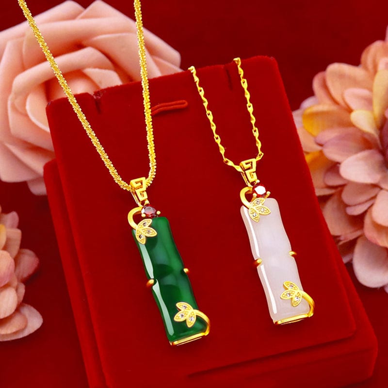 Fashion 14k Gold Necklace Pendant Gemstone Jewelry Green Stone Emerald Jade Gift Bamboo Alloy Plant Punk Women's Birthday Female