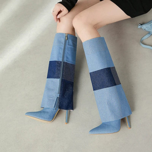 Fashion 2024 latest detachable tube mix colours rhinestone women's thin high heel Denim high boots