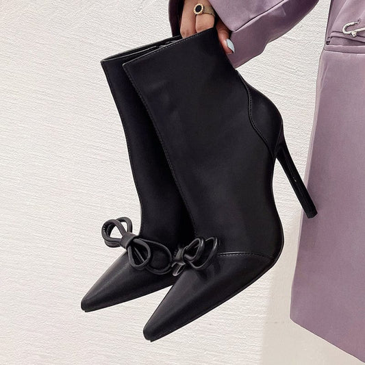 Fashion Autumn Ankle Pointed Toe 2023 NEW Boots Butterfly-knot Chelsea Boots Black High-quality Heels Shoes 35-42 Women Shoes