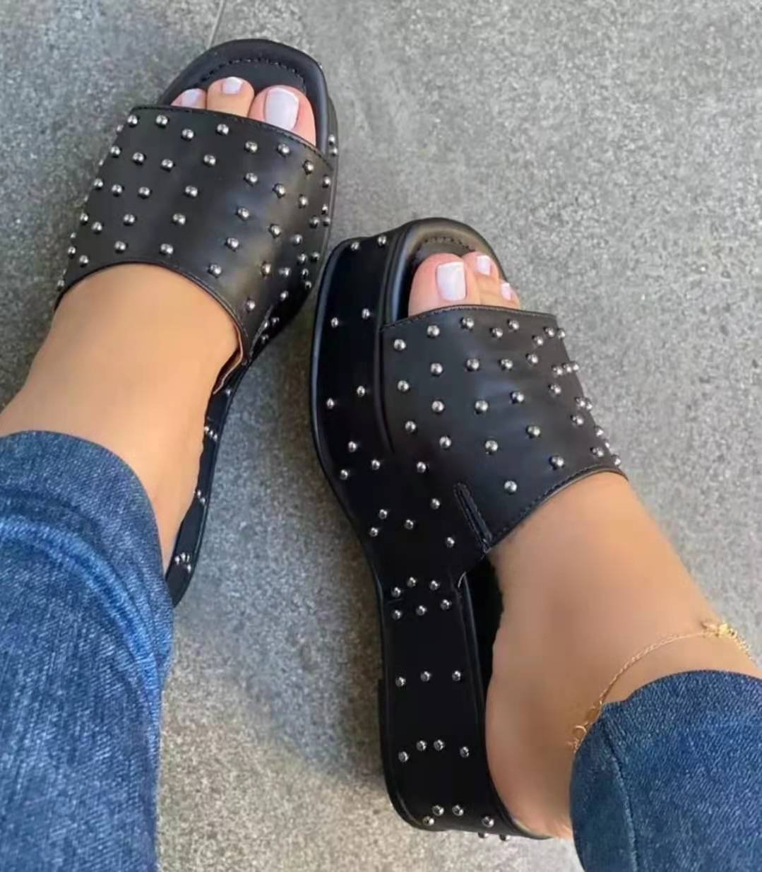 Fashion Fancy Wedge Shoes Studded Sexy Ladies Sandals Wedge Open Toe Black Sandals Causal Slippers Shoes For Ladies