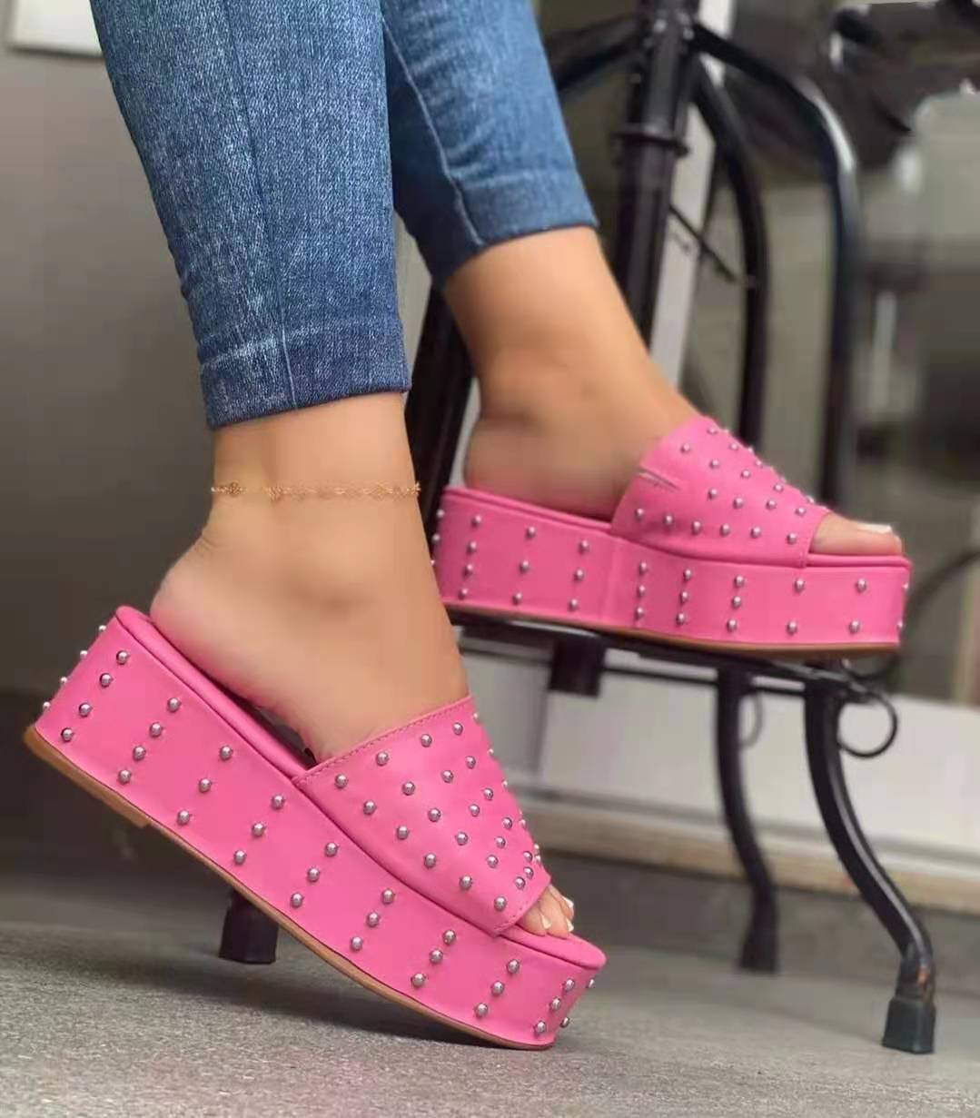 Fashion Fancy Wedge Shoes Studded Sexy Ladies Sandals Wedge Open Toe Black Sandals Causal Slippers Shoes For Ladies