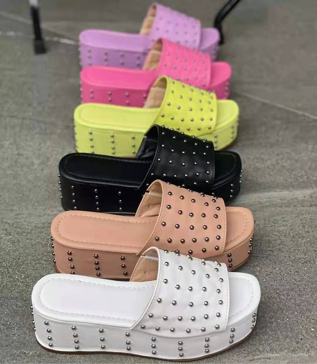 Fashion Fancy Wedge Shoes Studded Sexy Ladies Sandals Wedge Open Toe Black Sandals Causal Slippers Shoes For Ladies