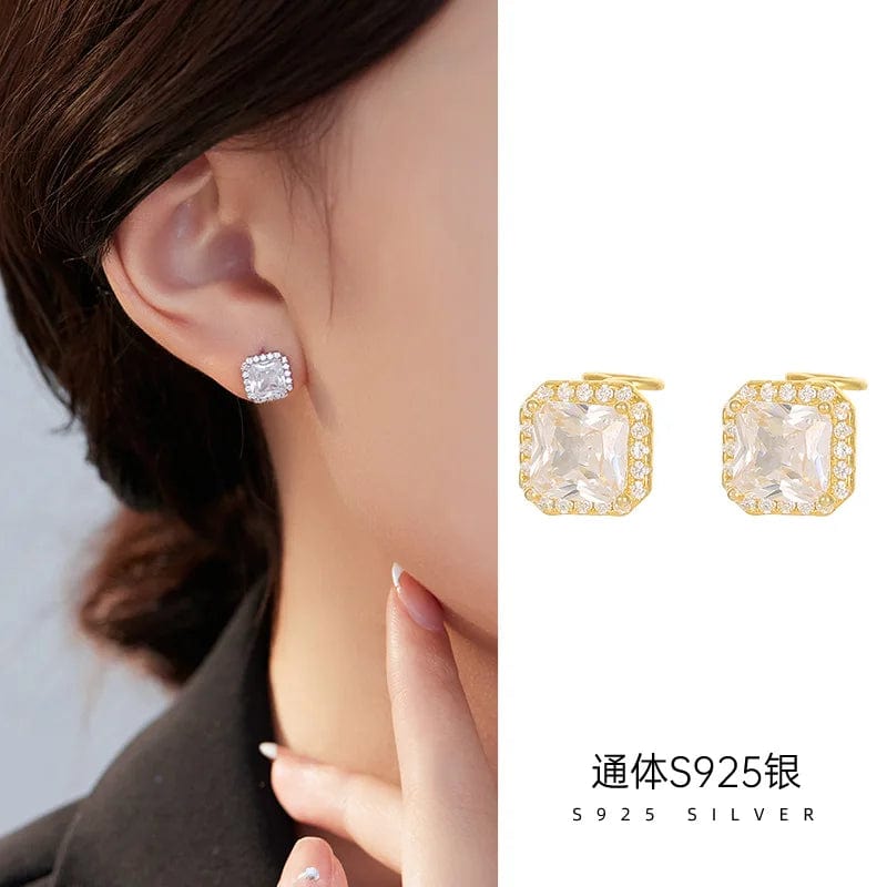 fashion fine jewelry 925 sterling silver simple earrings square full diamond gold plated stud earrings for women