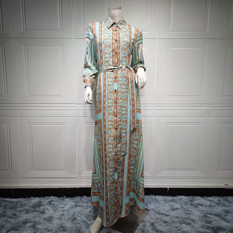 Fashion Floral Print Dubai Turkey Button Long Dress with Belt Middle East Islamic Clothing Luxury Women Muslim Maxi Dress