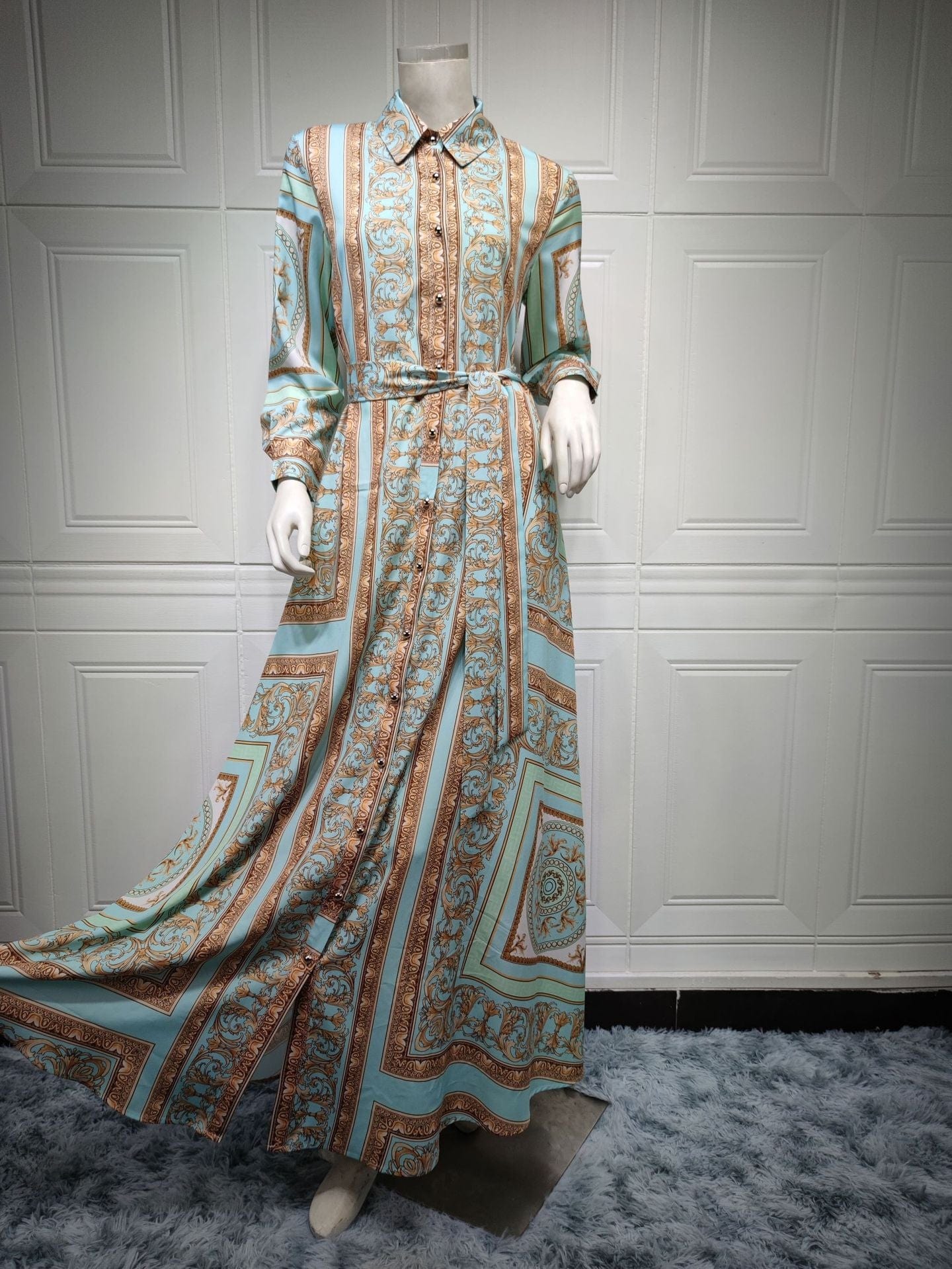 Fashion Floral Print Dubai Turkey Button Long Dress with Belt Middle East Islamic Clothing Luxury Women Muslim Maxi Dress