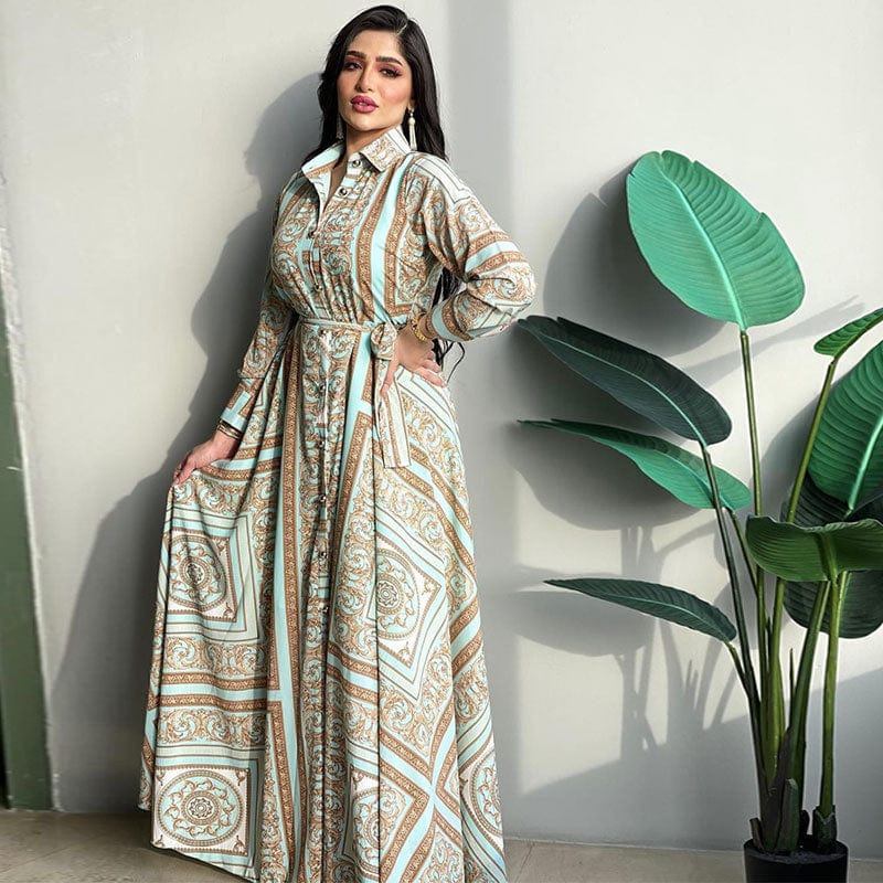 Fashion Floral Print Dubai Turkey Button Long Dress with Belt Middle East Islamic Clothing Luxury Women Muslim Maxi Dress