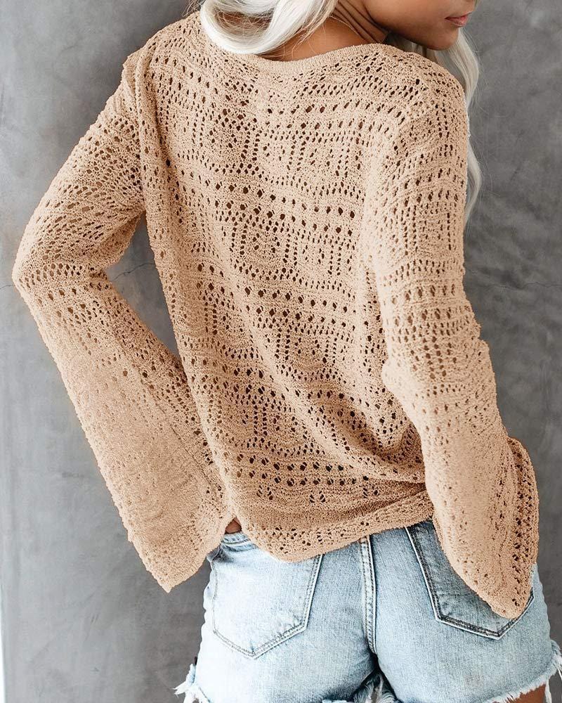 fashion hollow out knitted blouses women casual top 2022 autumn drawstring v neck knit pullover sweater top