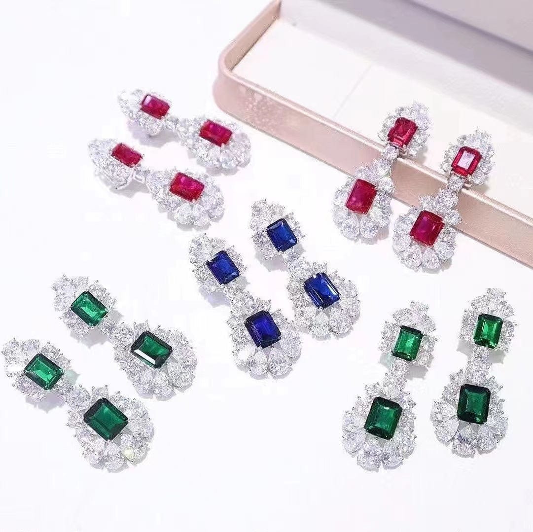 Fashion jewelry emerald  rhinestone dangling earrings women wholesale 925 silver cz stud earrings for party