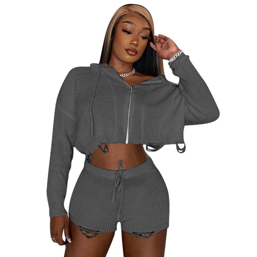 Fashion new numb woven crop top hoodies women cardigan sets women 2 piece hoodie set women