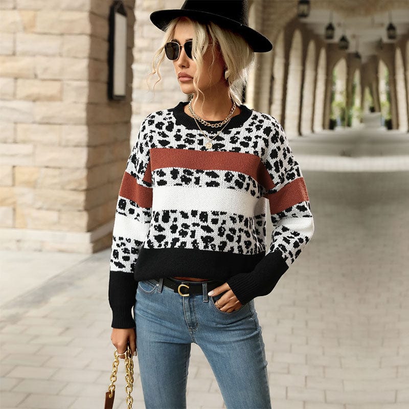 Fashion Patchwork Design Women Pullover Long Sleeve Fluffy Sweater For Ladies