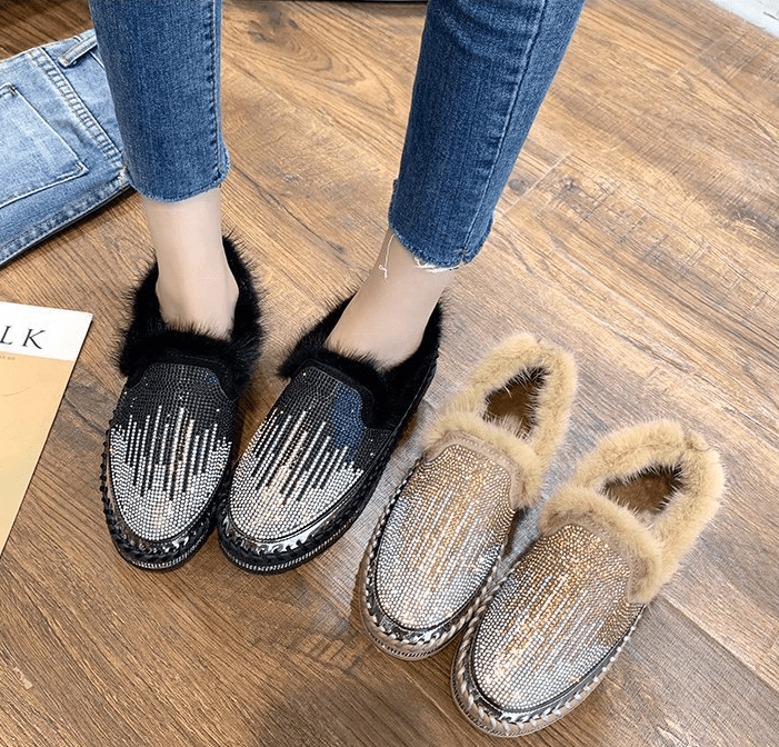 Fashion Platform Espadrilles Shoes Rhinestone Women Leather Thick Bottom Women Flats Round Toe Women Casual Furry Slip On Shoe