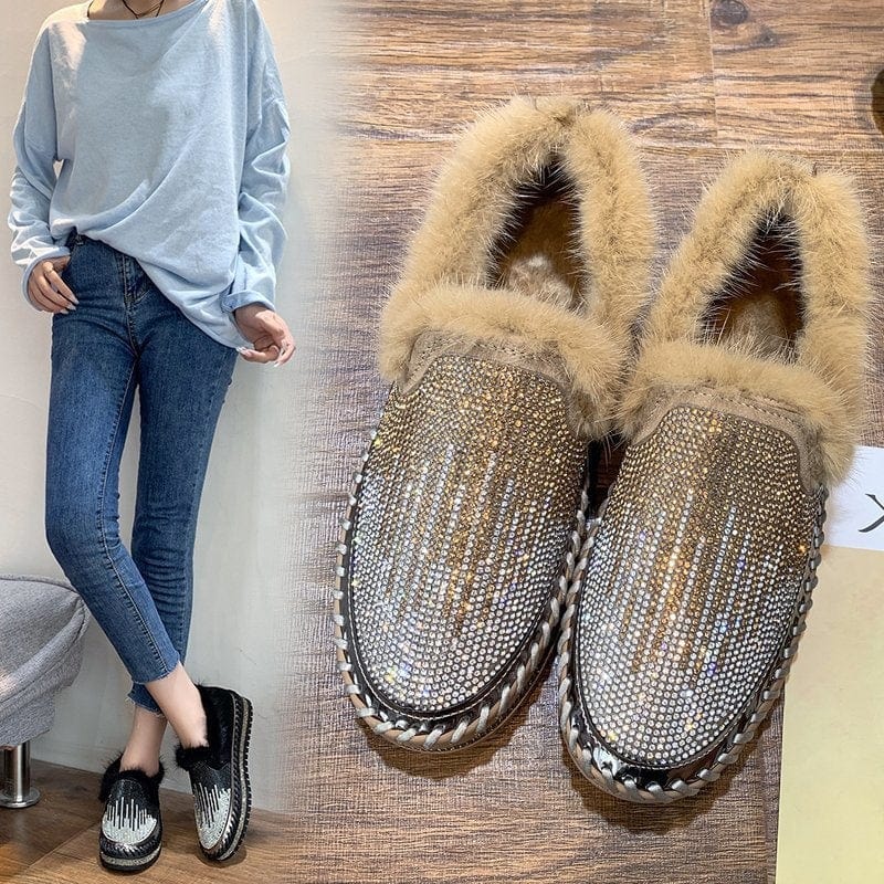 Fashion Platform Espadrilles Shoes Rhinestone Women Leather Thick Bottom Women Flats Round Toe Women Casual Furry Slip On Shoe