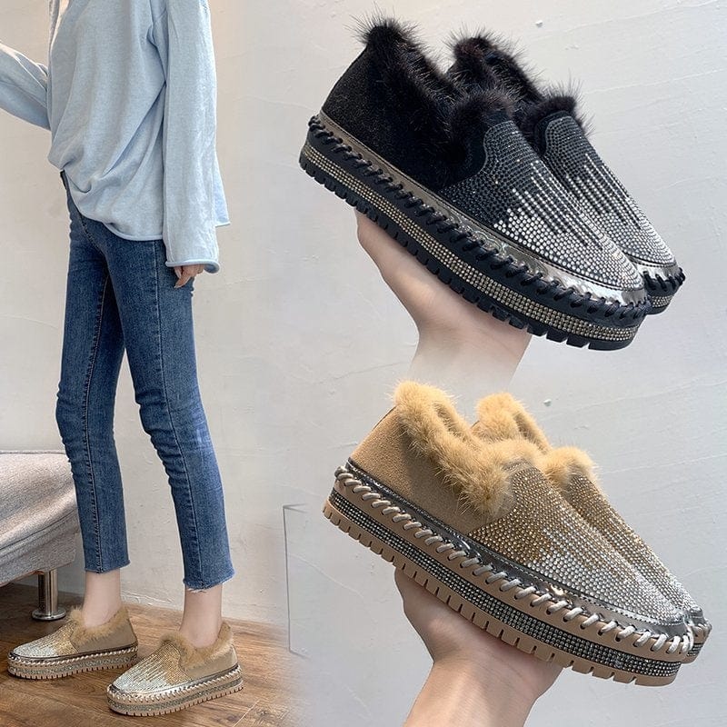 Fashion Platform Espadrilles Shoes Rhinestone Women Leather Thick Bottom Women Flats Round Toe Women Casual Furry Slip On Shoe