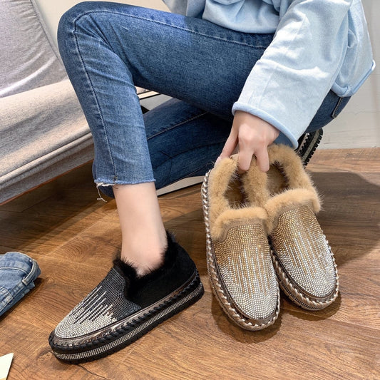 Fashion Platform Espadrilles Shoes Rhinestone Women Leather Thick Bottom Women Flats Round Toe Women Casual Furry Slip On Shoe