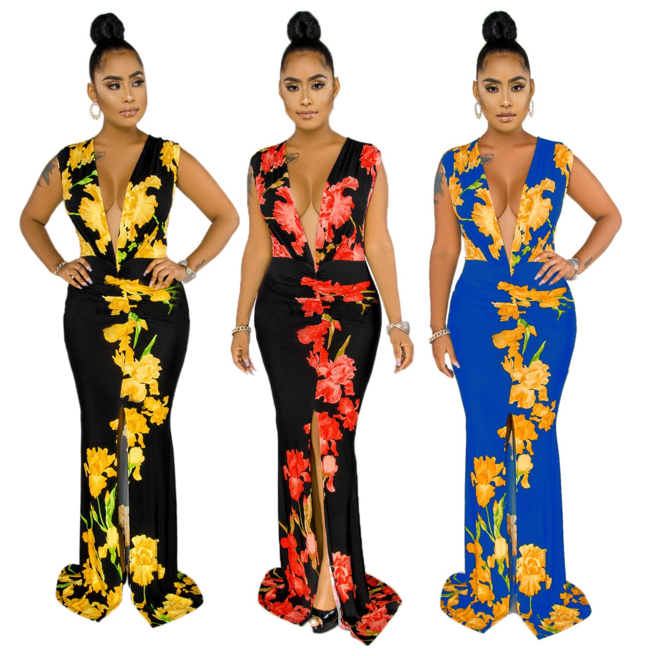 Fashion Sleeveless V-neck Printed Patchwork Dress SMR9622 Women's Sexy Wedding Party Formal Evening Dress Sleeveless Sleeve