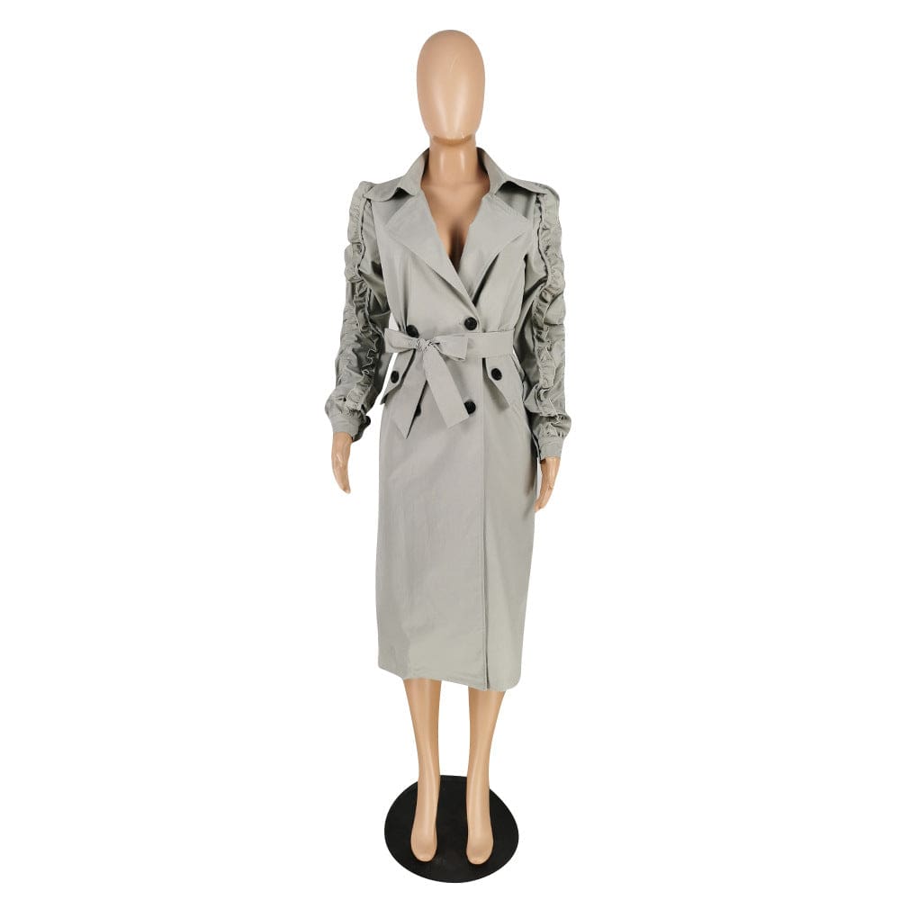 Fashion Spring Fall Stacked Sleeve Midi Women'S Trench Coats Long For Ladies Women