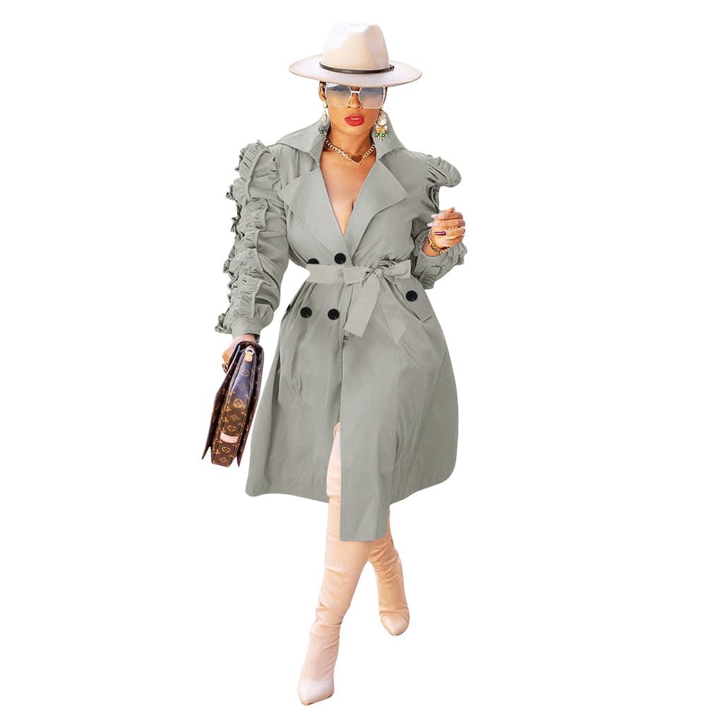 Fashion Spring Fall Stacked Sleeve Midi Women'S Trench Coats Long For Ladies Women