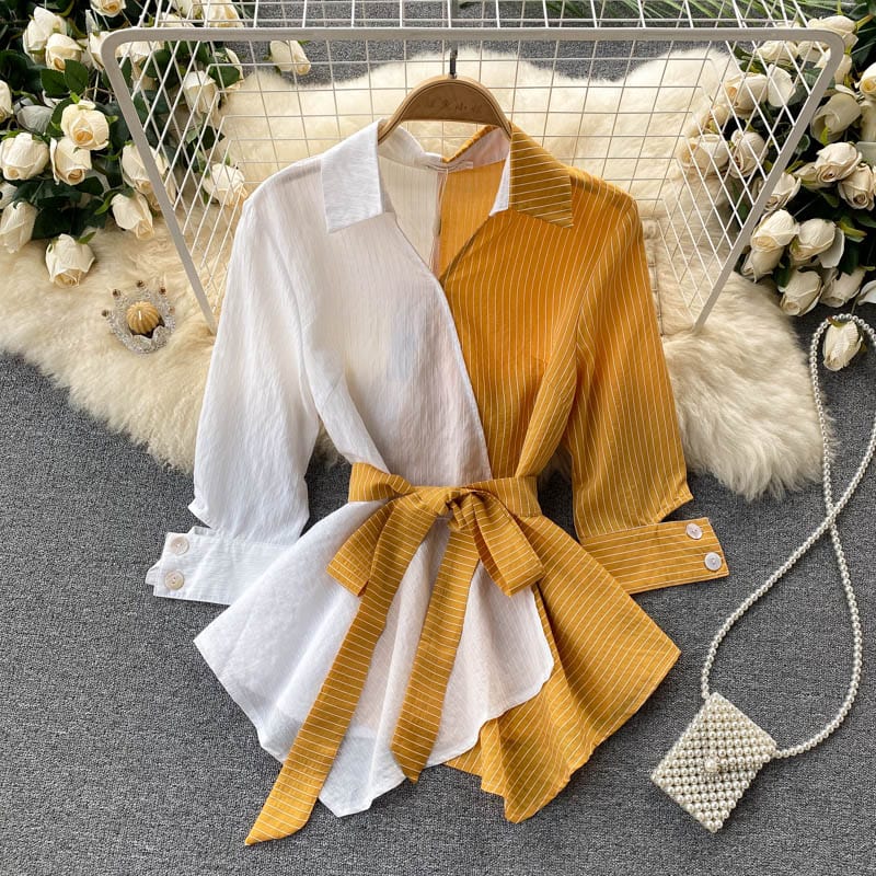 Fashion Tops Women Retro Striped Shirt Women's Ladies Blouses Design Sense Small Irregular Lotus Leaf Swing Lace Slim Shirt