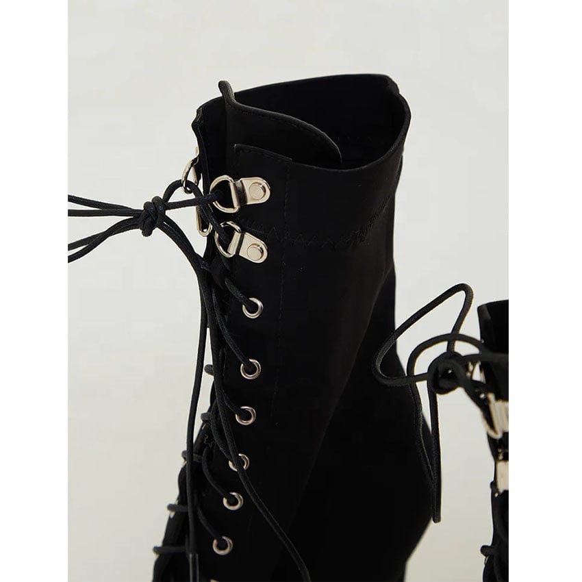 Fashion Western Style Ladies Thin Heel Boots Pointy Toe Lace UP Black Ankle Booties Stretch Fabric Upper Women Shoes