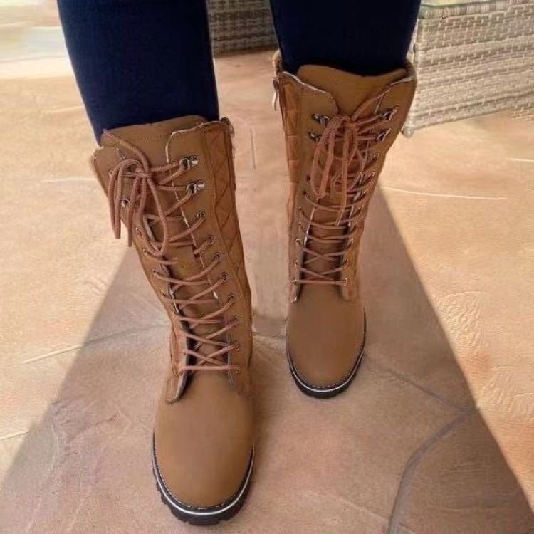 Fashion Winter Western Riding Boots Midi Flat Classic Lace up High Cut Round Toe Combat Boots Women's Boots