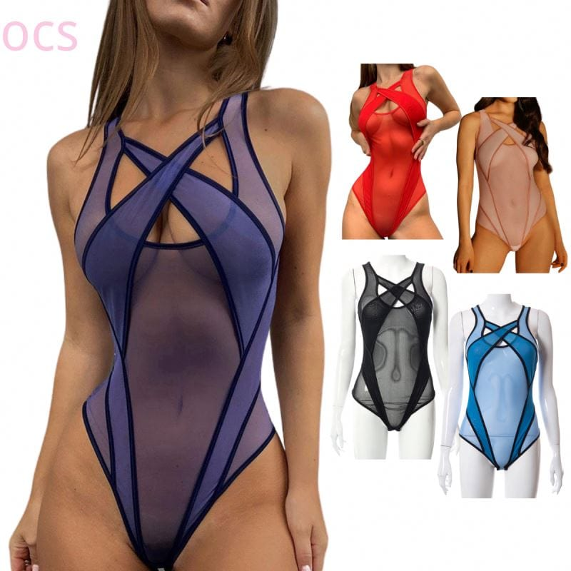 Fashion Women Custom Mesh See Through Bodysuits Hollow Out Sleeveless Cross Polyester Bodysuits For Women 2022