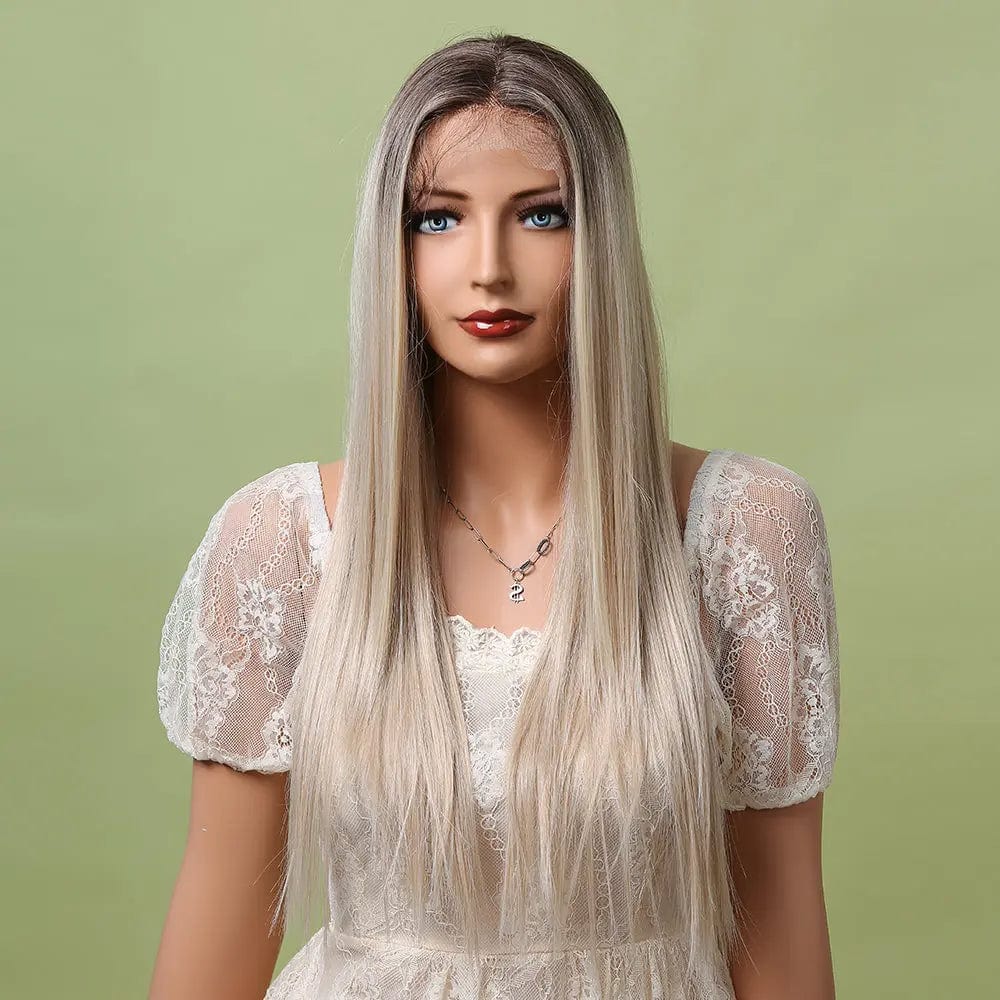 Fast Delivery Long Straight Bright Brown Platinum Blond Lace Front Wig High Gloss Platinum Wig Women's Lace Synthetic Wig