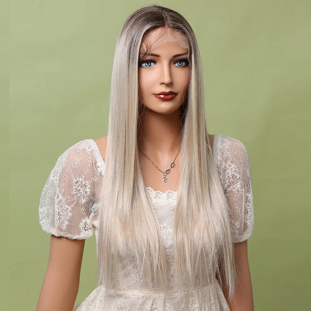 Fast Delivery Long Straight Bright Brown Platinum Blond Lace Front Wig High Gloss Platinum Wig Women's Lace Synthetic Wig