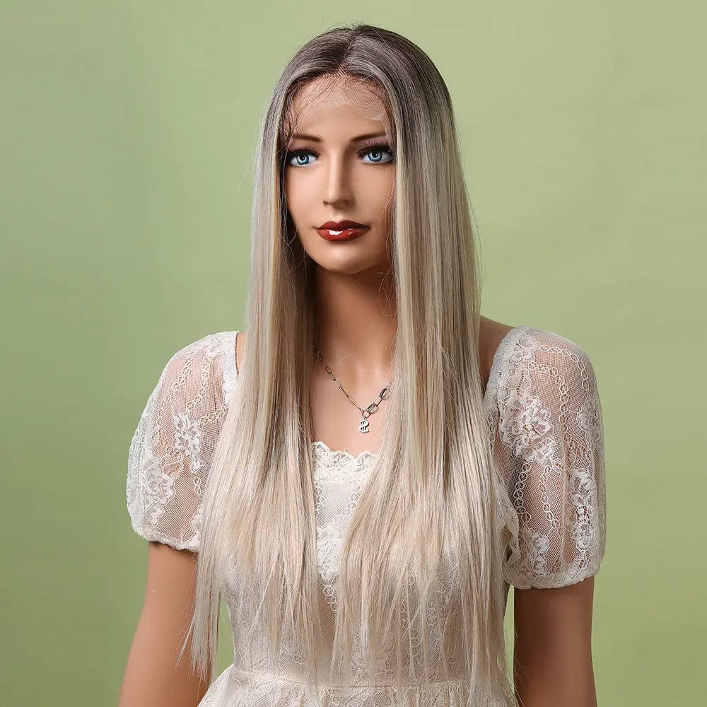 Fast Delivery Long Straight Bright Brown Platinum Blond Lace Front Wig High Gloss Platinum Wig Women's Lace Synthetic Wig