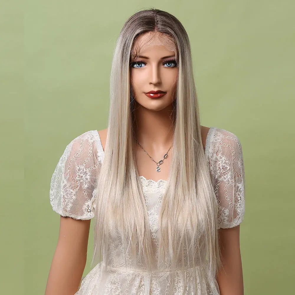 Fast Delivery Long Straight Bright Brown Platinum Blond Lace Front Wig High Gloss Platinum Wig Women's Lace Synthetic Wig